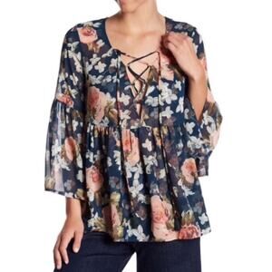 Show Me Your Mumu Poet Top Women's Sz XS Lace Up Boho Peplum Floral Semi Sheer